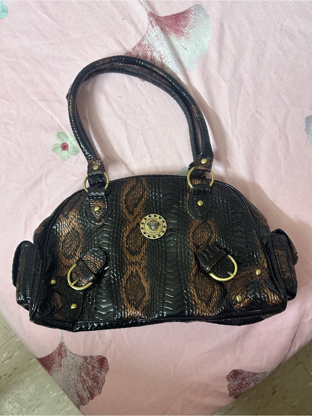 Versace Brown and Black Snake pattern Shoulder Bag with Gold Hardware